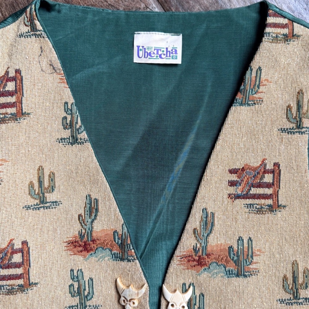 Ubetcha Mens Vintage Western Cactus Skull Button Tapestry Vest, Green, S - Picture 3 of 11